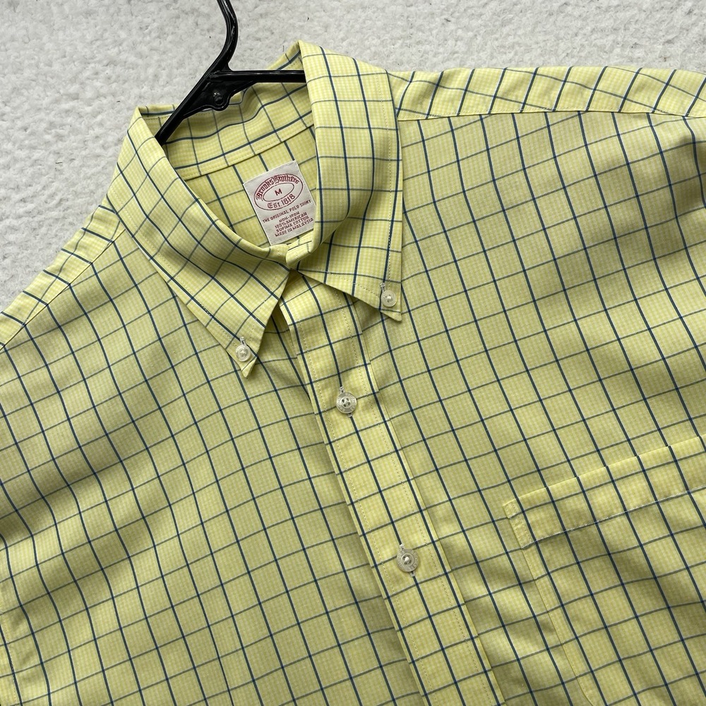Brooks Brothers Shirt Mens Medium M Yellow Blue Check Non Iron Supima Cotton